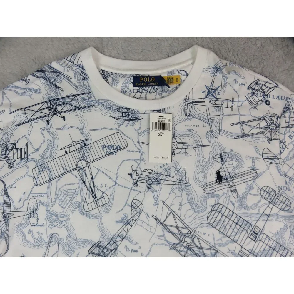 Polo Ralph Lauren Air Plane Shirt Mens XLT Flight Club Map White Blue Cotton New